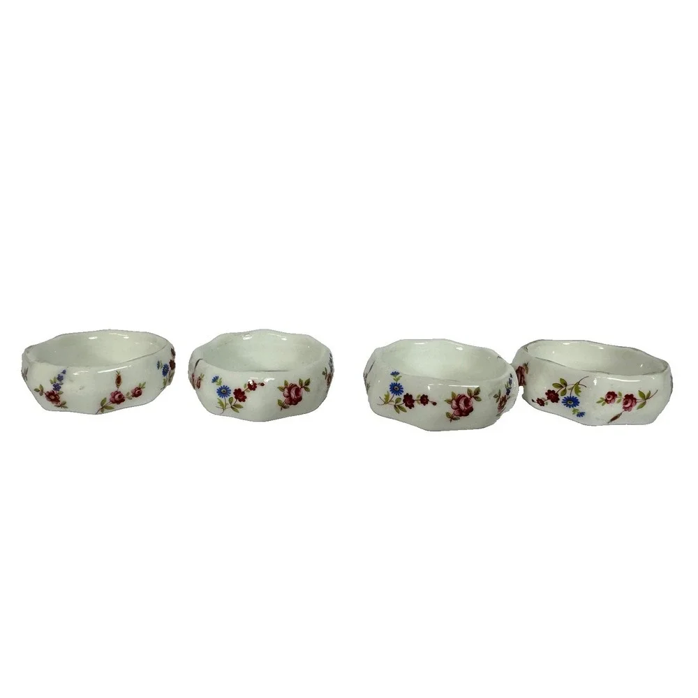 Porcelain Floral Chintz Napkin Rings Octagonal White Rosey Red Blue Set Of 4 Vtg